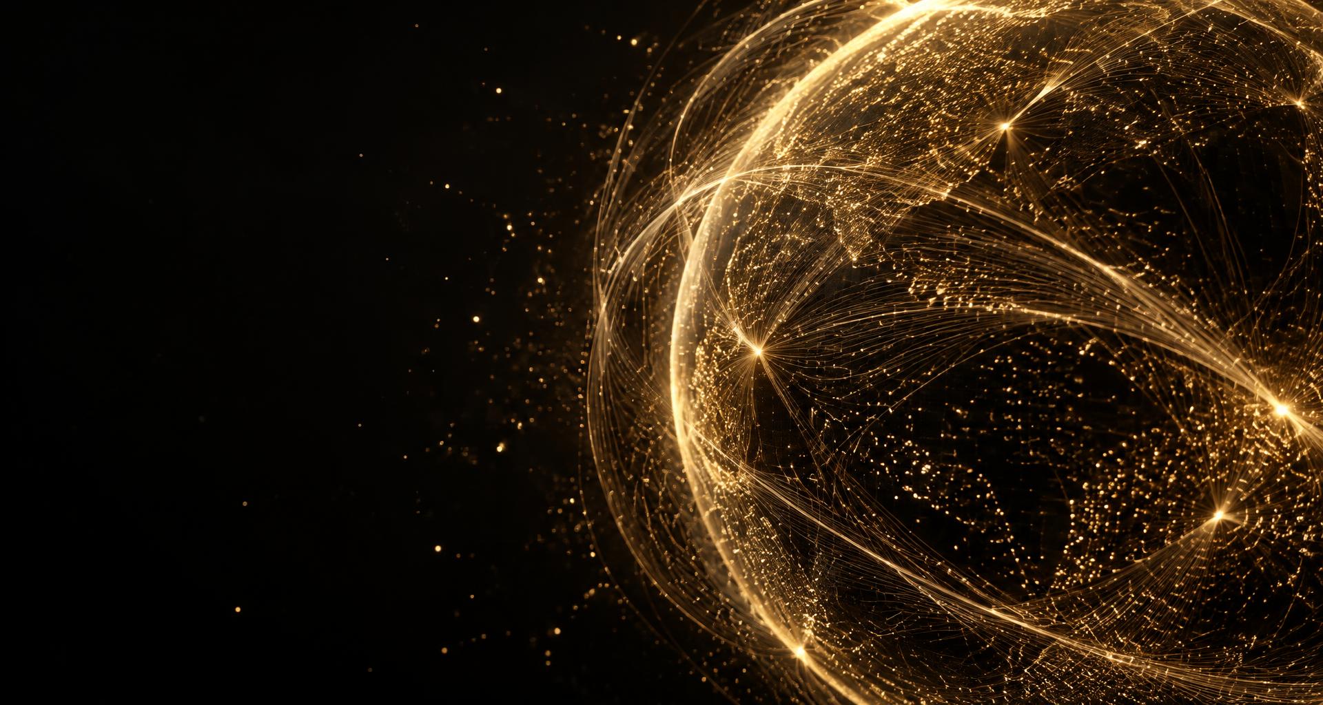 An intricate golden network of light forming a protective digital sphere